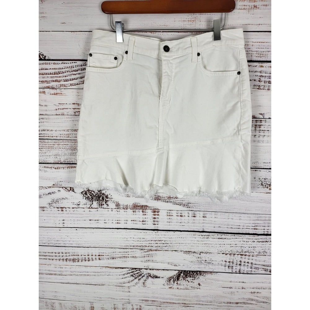 Principle Denim Mini Skirt 30 Womens White Raw Hem Boho Pockets Festival Bottom